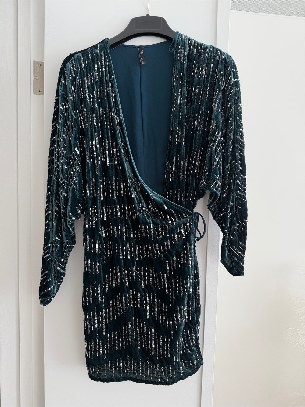 Zara Velvet Sequin Wrap Mini Dress - Teal with Silver Sparkle